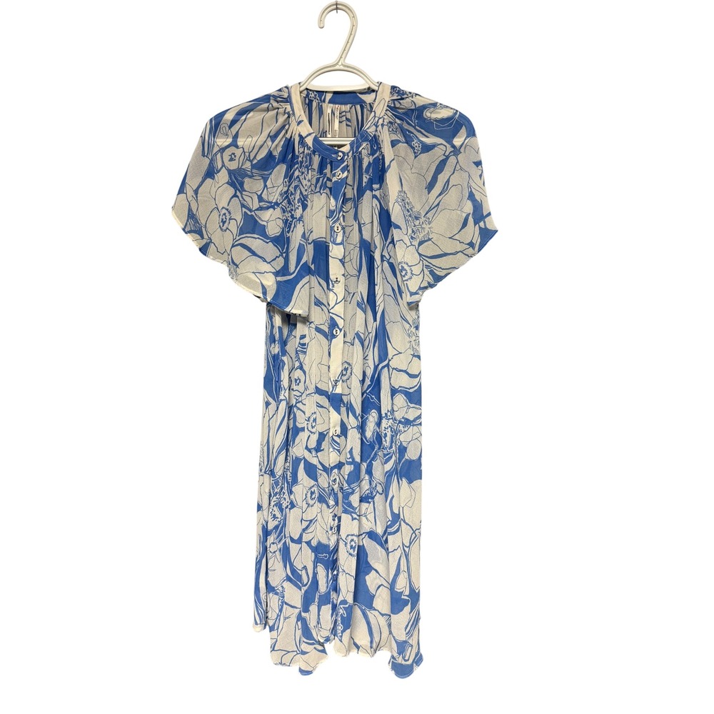 Anthropologie Pleated‎ Ruffle Flutter Sleeve Floral Midi Dress Blue White XS